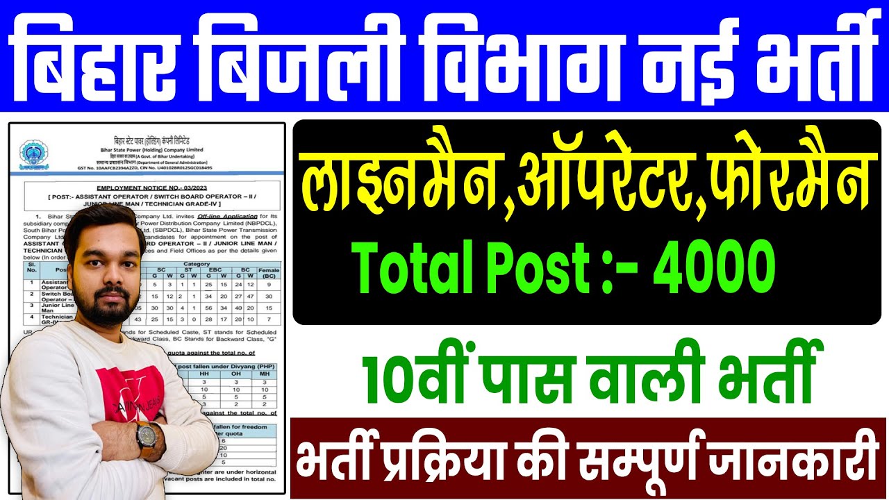 बिहार बिजली विभाग नयी भर्ती 2024: बिजली विभागऑपरेटर, लाइनमैन और फोरमैन की 4000 पदों पर शानदार भर्ती