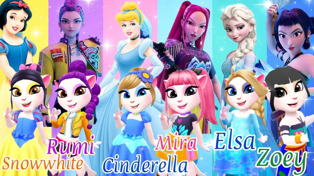 RUMI💜 SNOWWHITE 💛MIRA💗 CINDERELLA 💙ZOEY💚 ELSA 🦋COSPLAY WITH MYTALKINGANGELA2 #mytalkingangela2 
