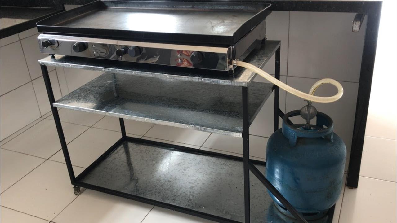 Mesa para chapa de Hambúrguer com roldanas e suporte para gás
