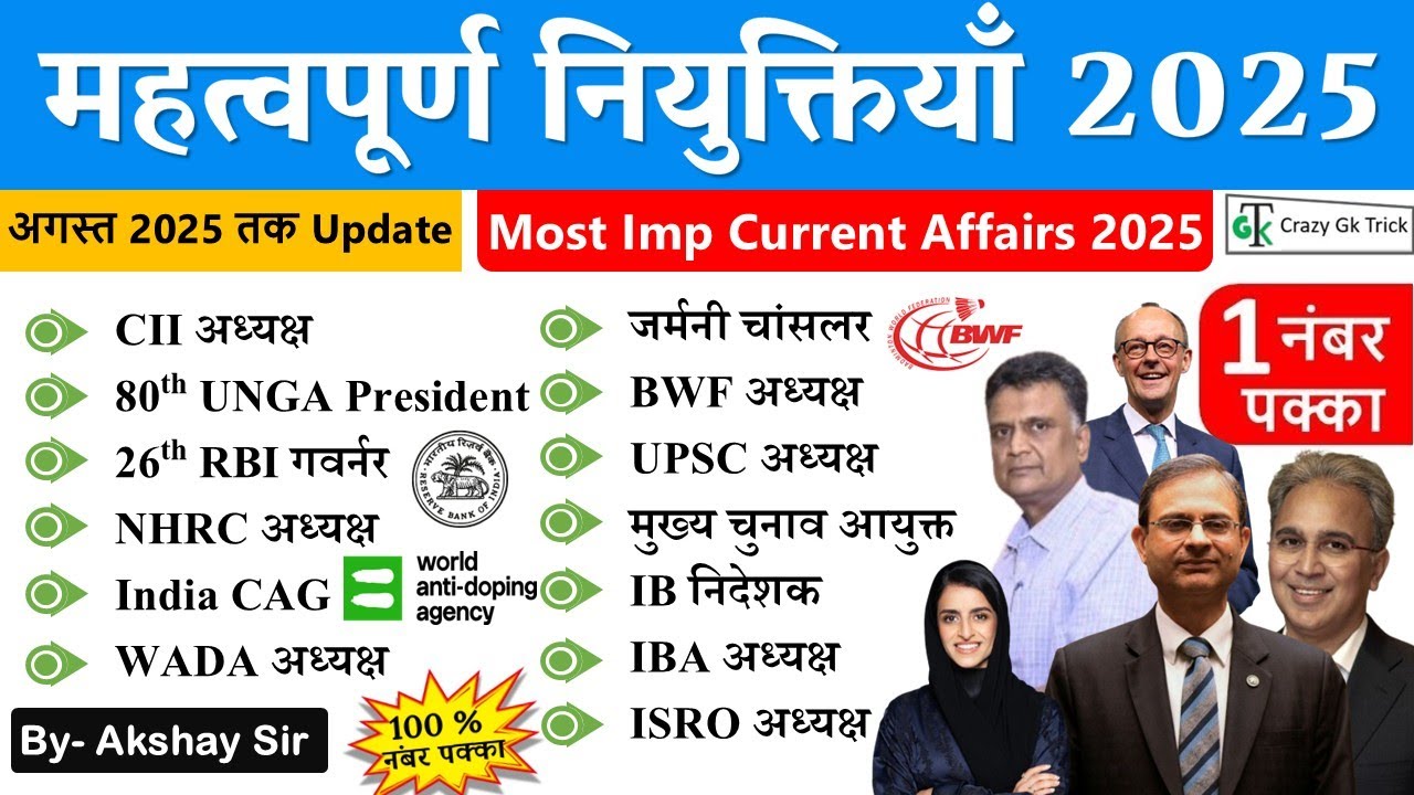 Current Affairs 2025 : महत्वपूर्ण नियुक्तियां 2025 |  Latest Appointments 2025 - Crazy Gk Trick