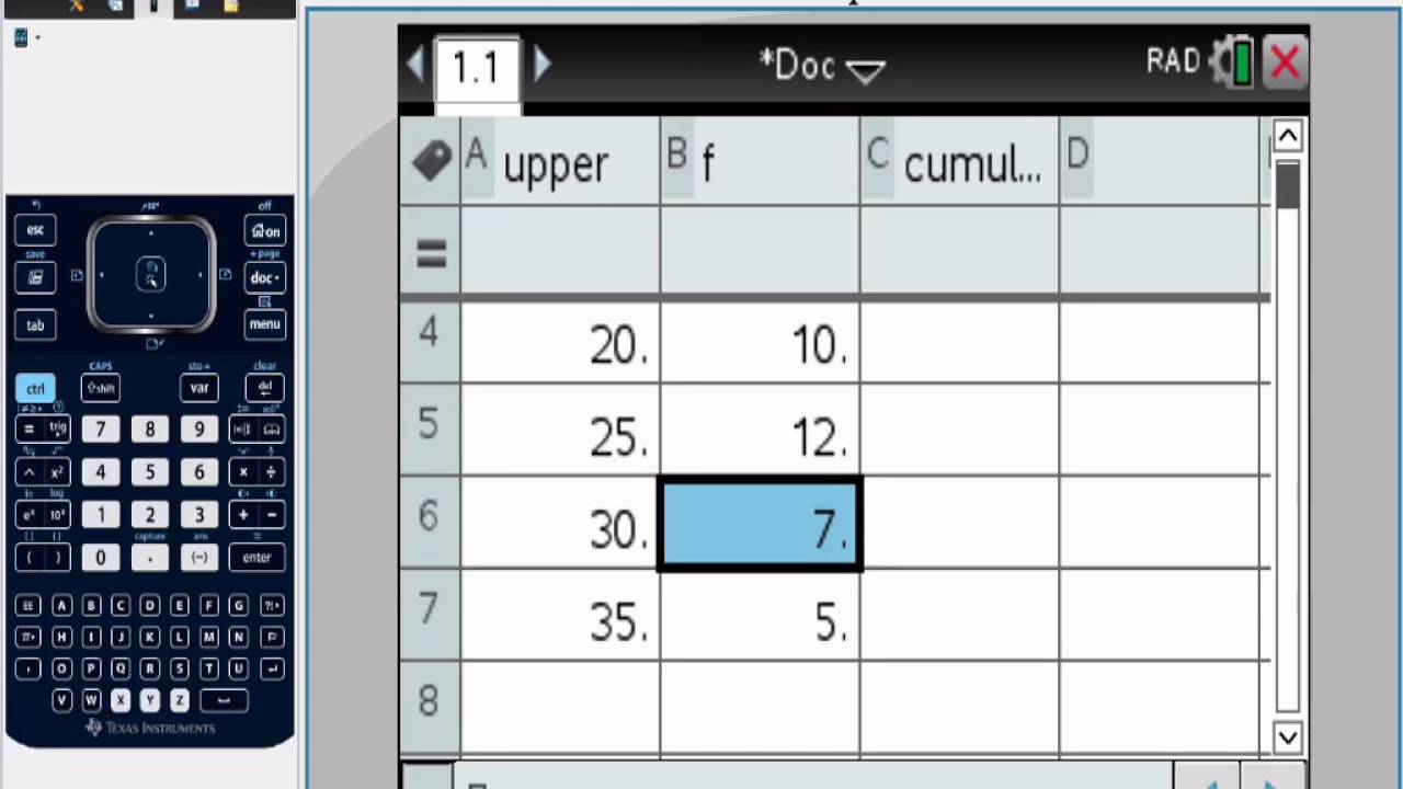 Cumulative frequency from grouped data including using TI-Nspire.