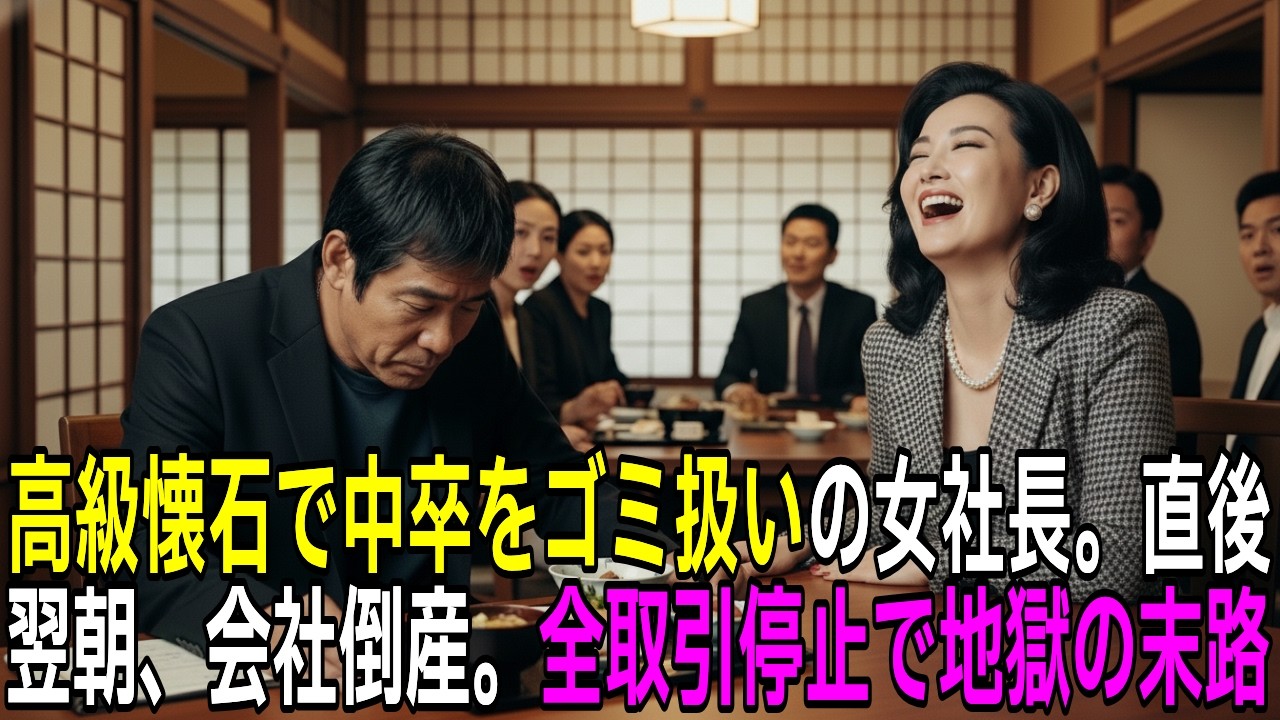 高級懐石で中卒夫婦を侮辱した女社長。翌朝、全取引停止で会社倒産へ…【スカッと】