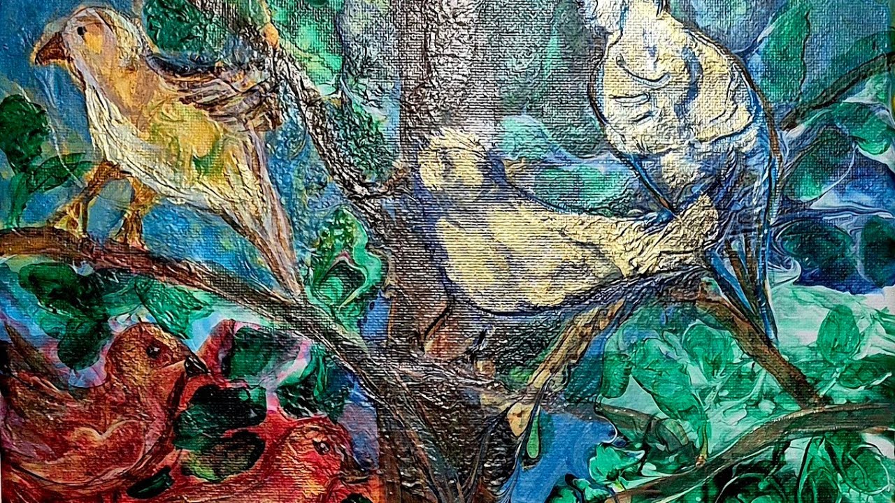 How to intentionally pour out blooms to shape into birds in a tree #fluidart #painting techniques