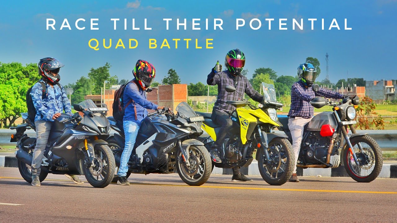 Suzuki V-Strom SX 250 Vs Yamaha R15V4 Vs Pulsar RS200 Vs Himalyan Scram 411 | Quad Battle | Race