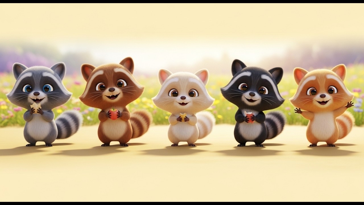 Cinco Amiguinhos Guaxinins Lanche, Lanche | Música de Animais e Hábitos Alimentares