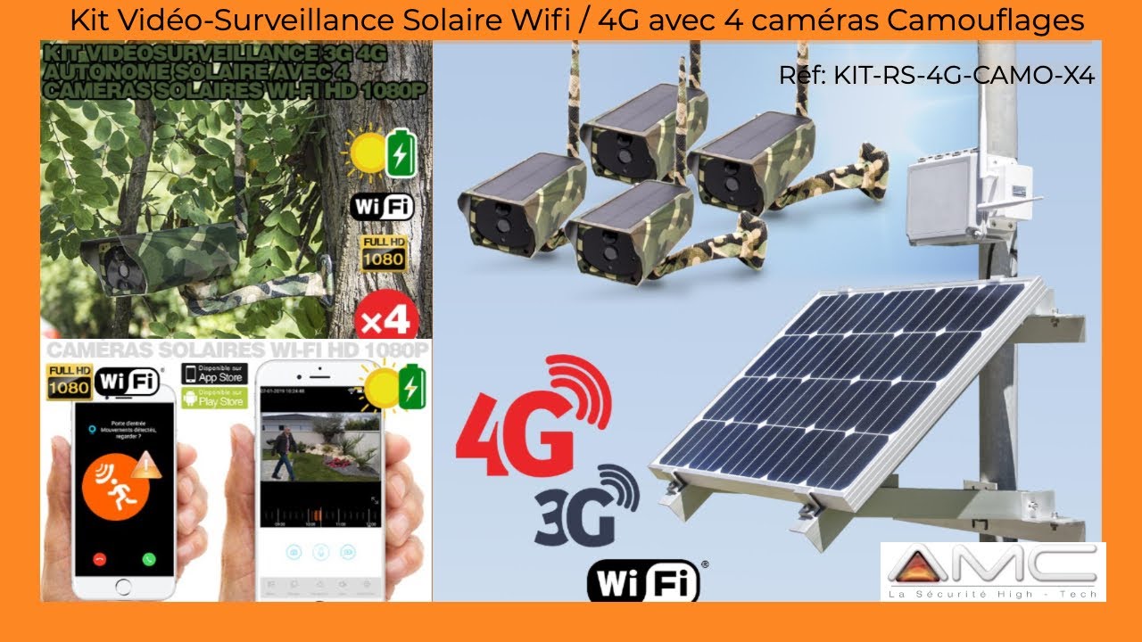 KIT VIDÉOSURVEILLANCE 3G 4G AUTONOME SOLAIRE, 4 CAMÉRAS CAMOUFLAGES SOLAIRES WI-FI HD 1080P 64 GO