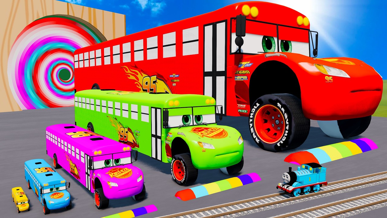 Big & Small Colors Long McQueen School Bus VS Train Thomas - LONG CARS vs SPEEDBUMPS | BeamNG.drive