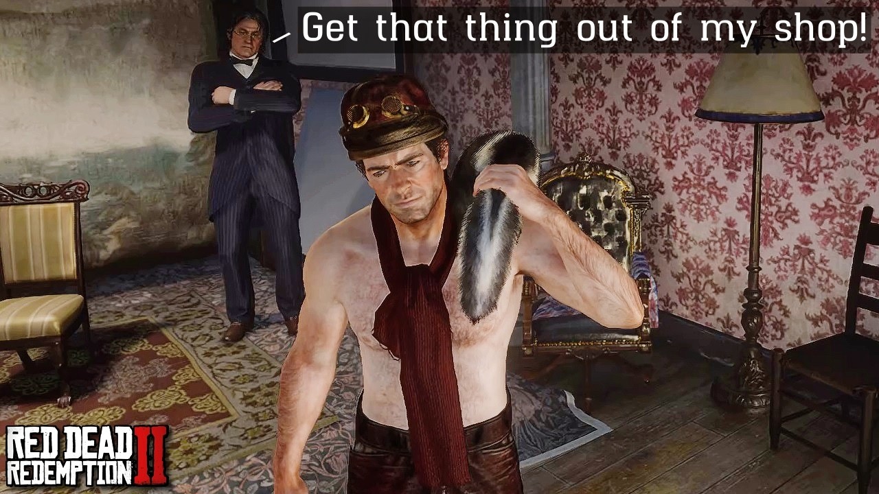 Артур издевается над лавочниками, принося им скунса | RDR2