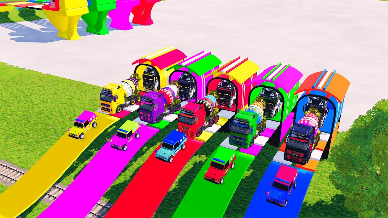 Colorful Garage Transport! Transporting Police Off-Roader & Cement Mixer to the Custom Garage