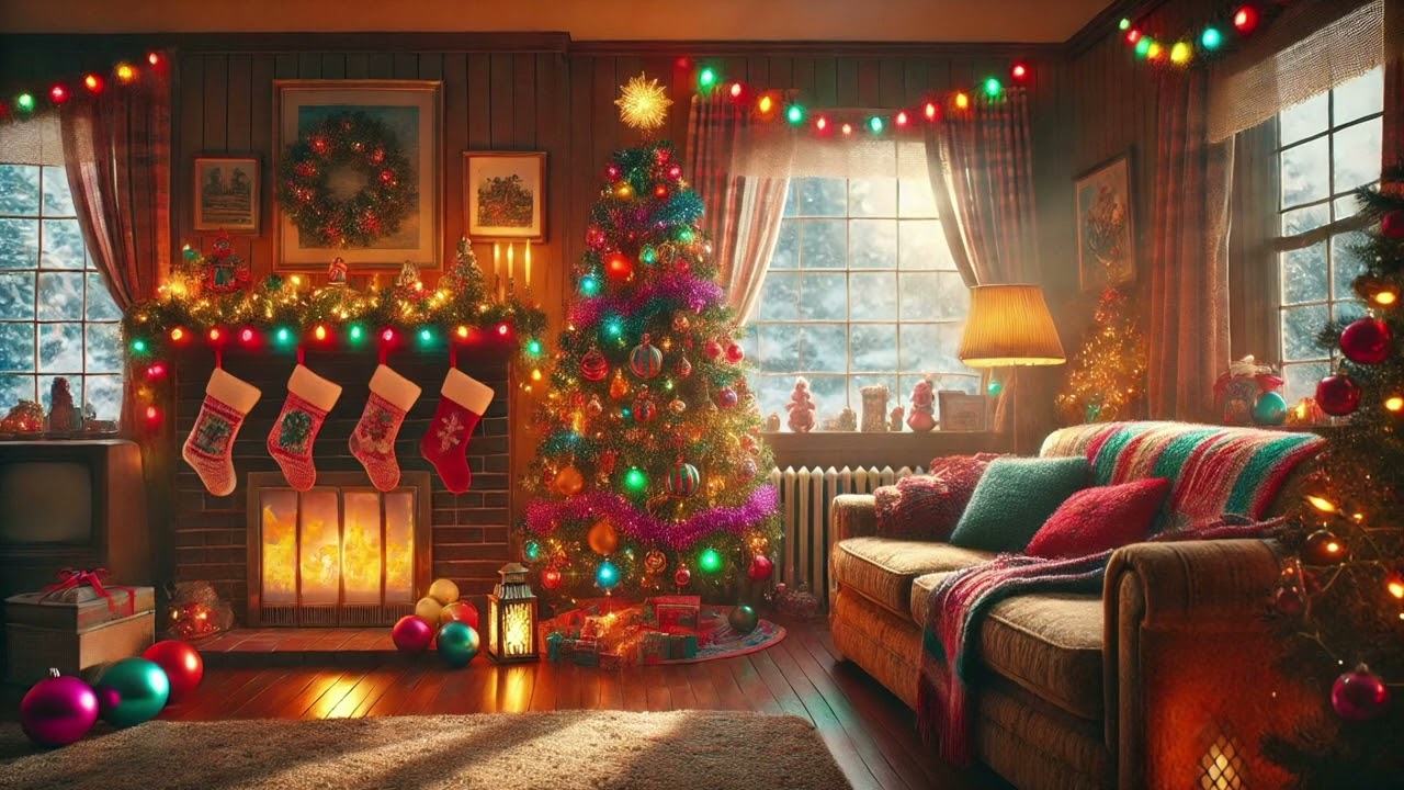 Cozy 1980s Christmas Morning Ambience | Retro Holiday Lights, Festive Decor, and Snowy Scenery