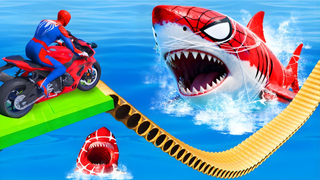 سبايدر مان اصعب دراجة نارية فوق اسماك القرش Superheroes Ride on Motorcycle Stunt Funny Games??