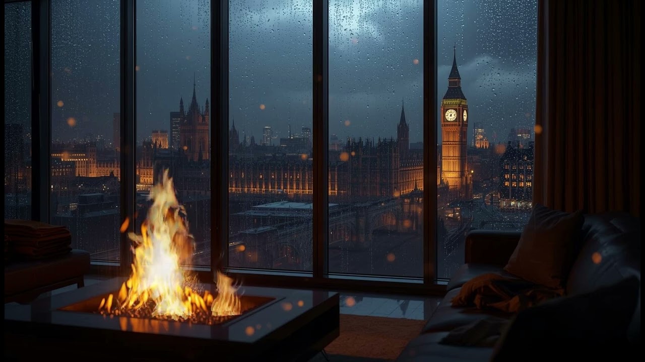 Jazz Piano with Soft Vocals 🌧️ Cozy London Apartment, Rain & Fireplace Ambience for Relaxation