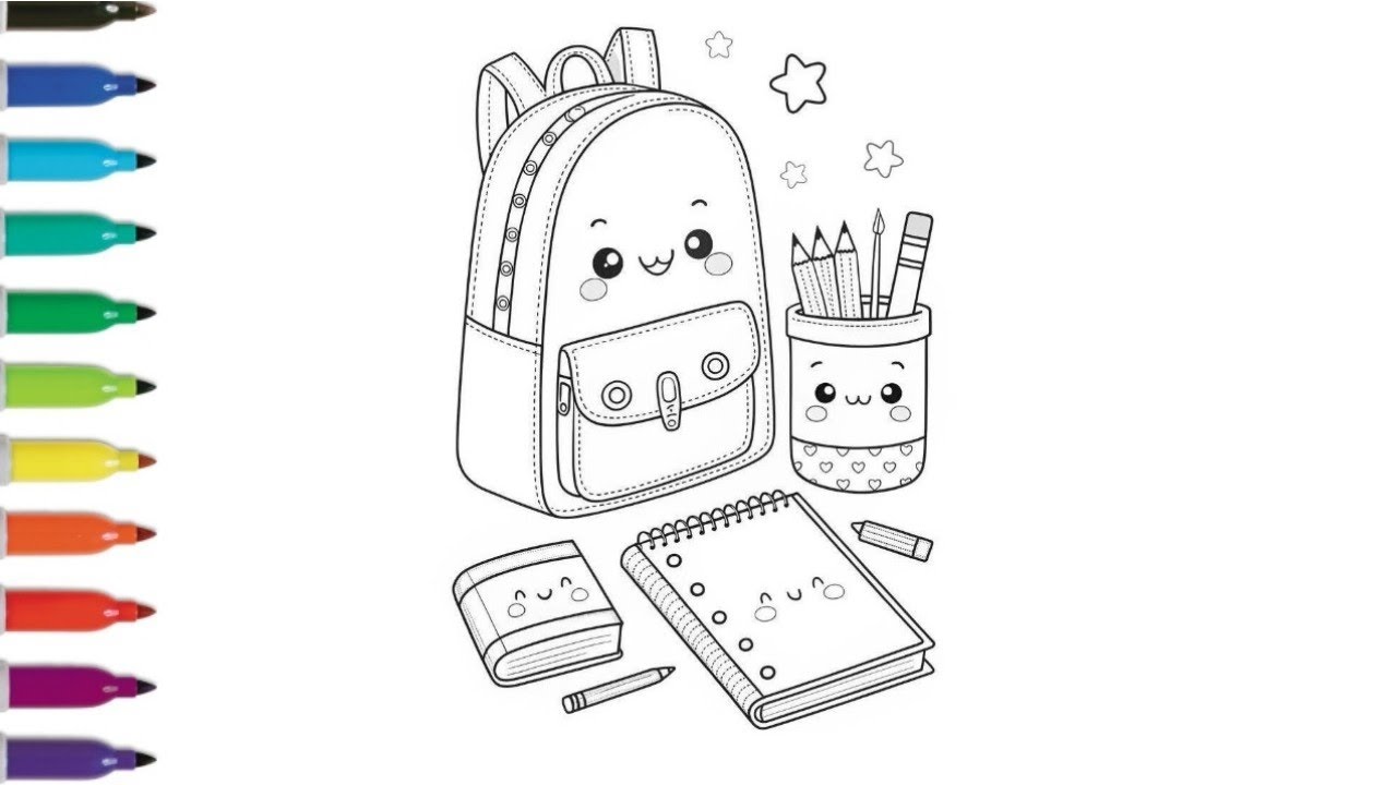 Cute School Backpack & Stationery Drawing 🎒✏️ | Easy Coloring Page for Kids