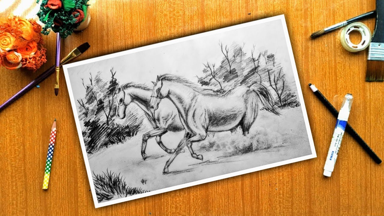 Pencil Sketch Tutorial - Two Running Horses / Two Horses Galloping landscape  by- Md. Noman Hossain