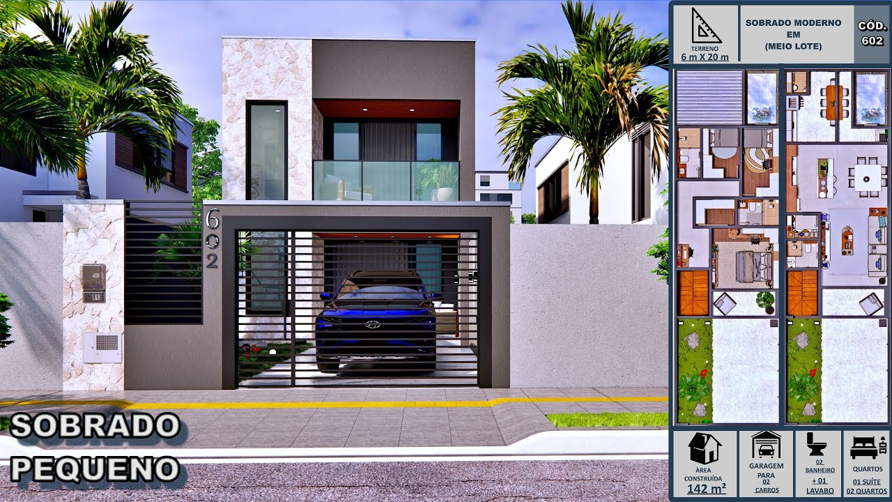 Sobrado Moderno em Terreno 6x20m– Projeto Inteligente! – Planta com 3 Quartos e Piscina.