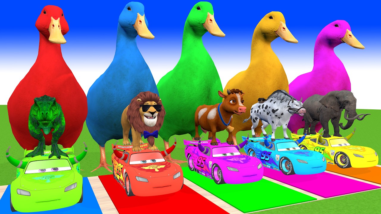 5 Giant Duck Cartoon,Cow,Elephant,Tiger,Lion,Dinosaur,Paint Wild Animals Crossing Fountain Animation