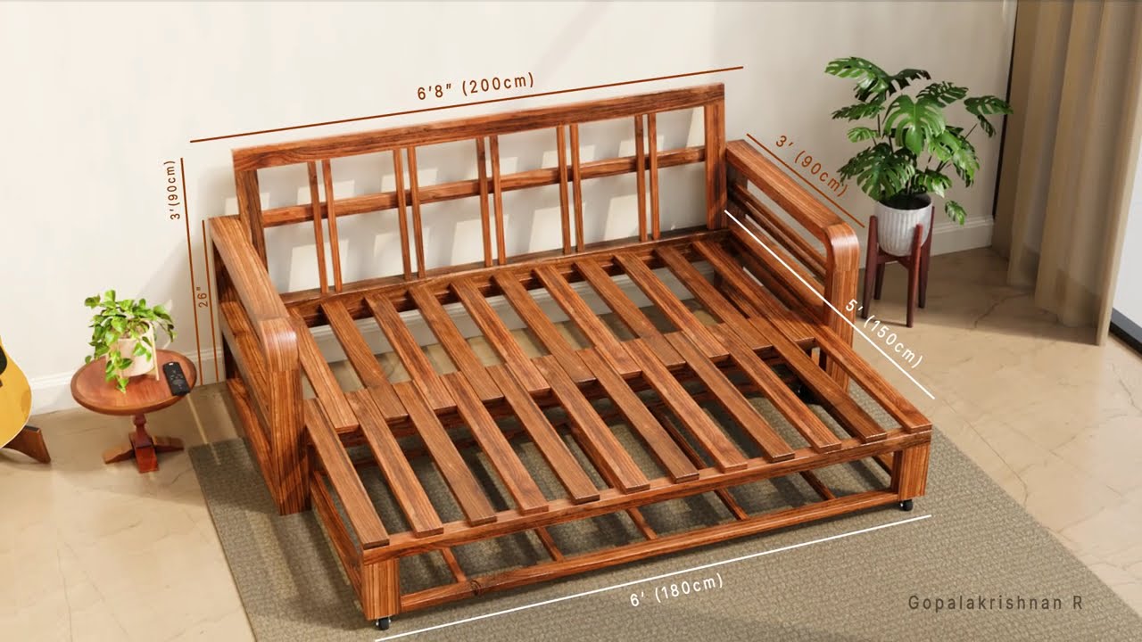 Teak Wood Sofa Cum Bed | 3D Furniture Design & Visualization