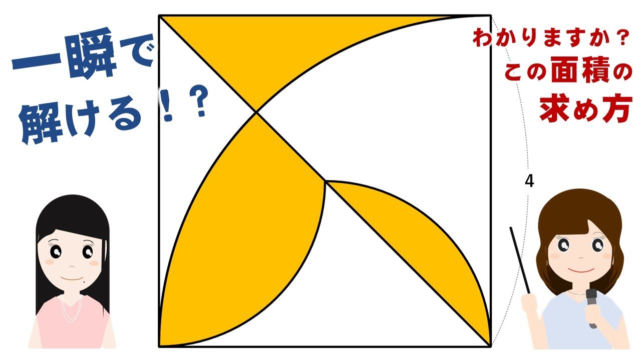 【面積チャレンジ15】黄色い部分の面積は？驚くほど簡単！？図形を移動させるのがポイント！円の面積の応用（パワーポイントで授業動画、パワポで簡単作成）