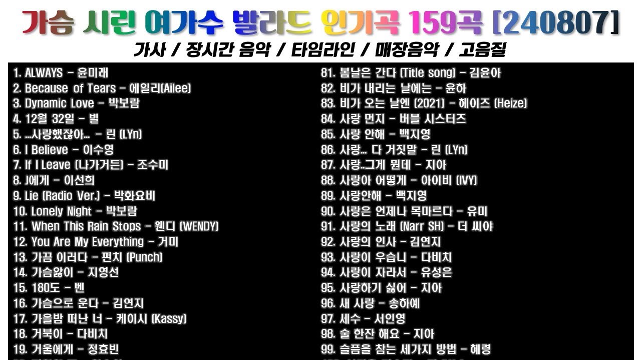 ⭐️ 가슴 시린 여가수 발라드 인기곡 159곡, 11시간  [240807] | 가사 | 𝙆𝙋𝙊𝙋 𝙋𝙇𝘼𝙔𝙇𝙄𝙎𝙏 #노동요