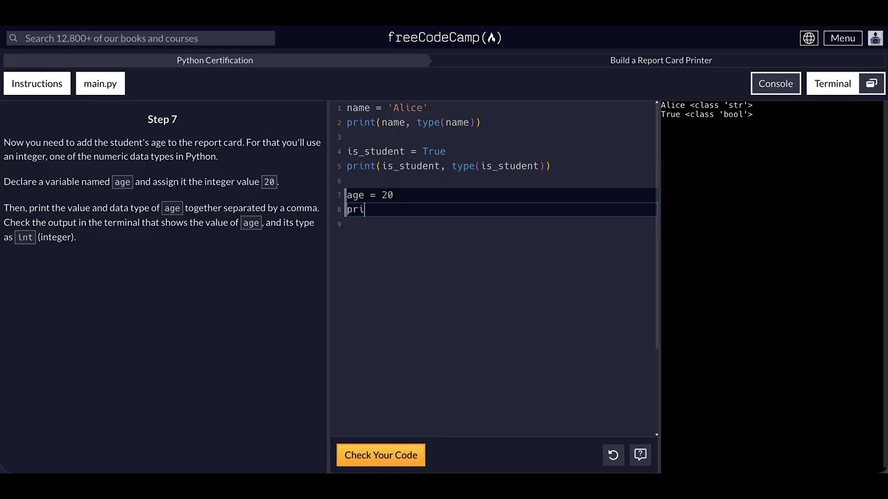 FreeCodeCamp - Python Project  - Step 7 of 10 - Build a Report Card Printer
