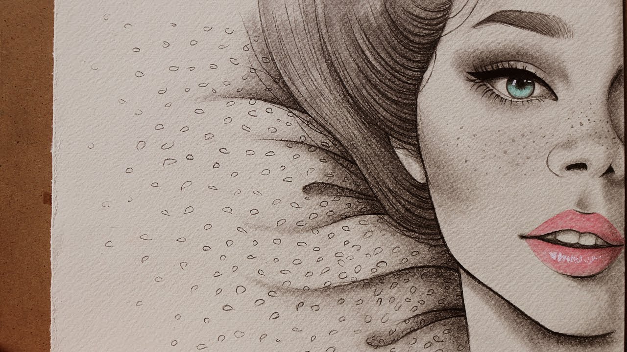 تعلم الرسم : كيف ترسم نصف بورتريه لفتاه مع نمش وعيون زرقاء ~ دمج اقلام الرصاص والخشب المائي