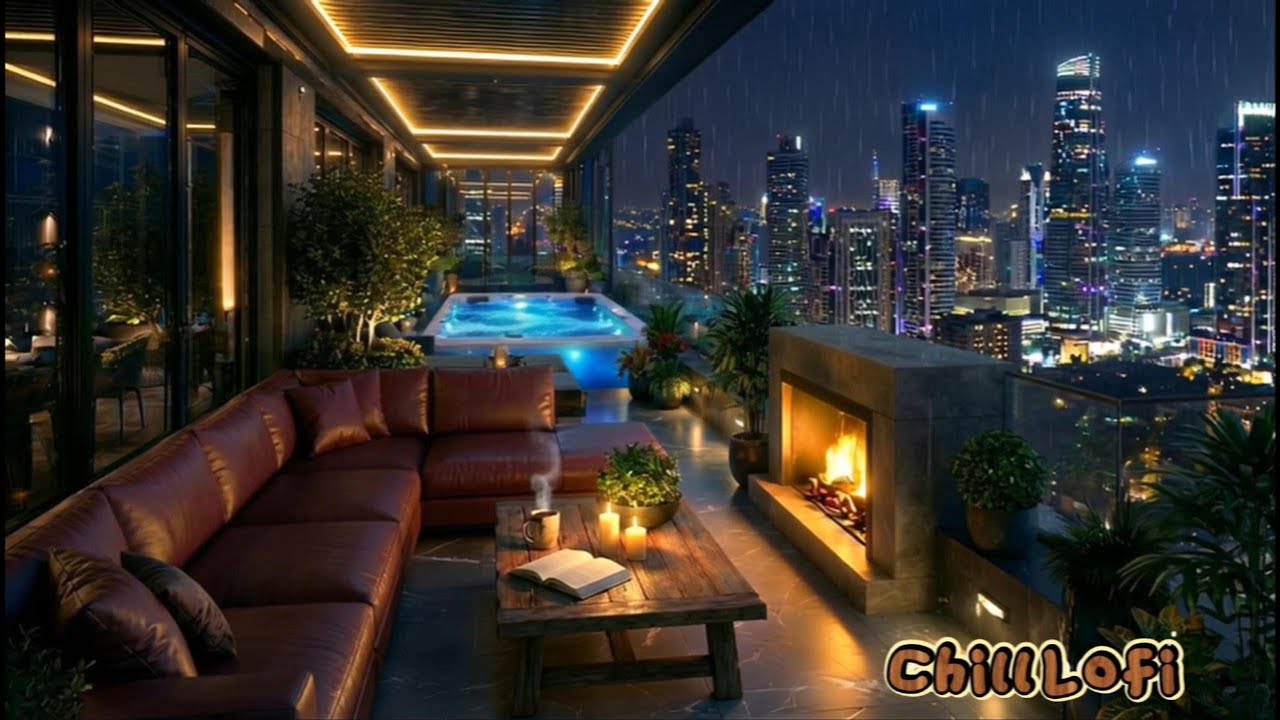 Rainy Night Ambience with Crackling Fireplace | 90's Lofi Playlist to Relax, Study & Sleep