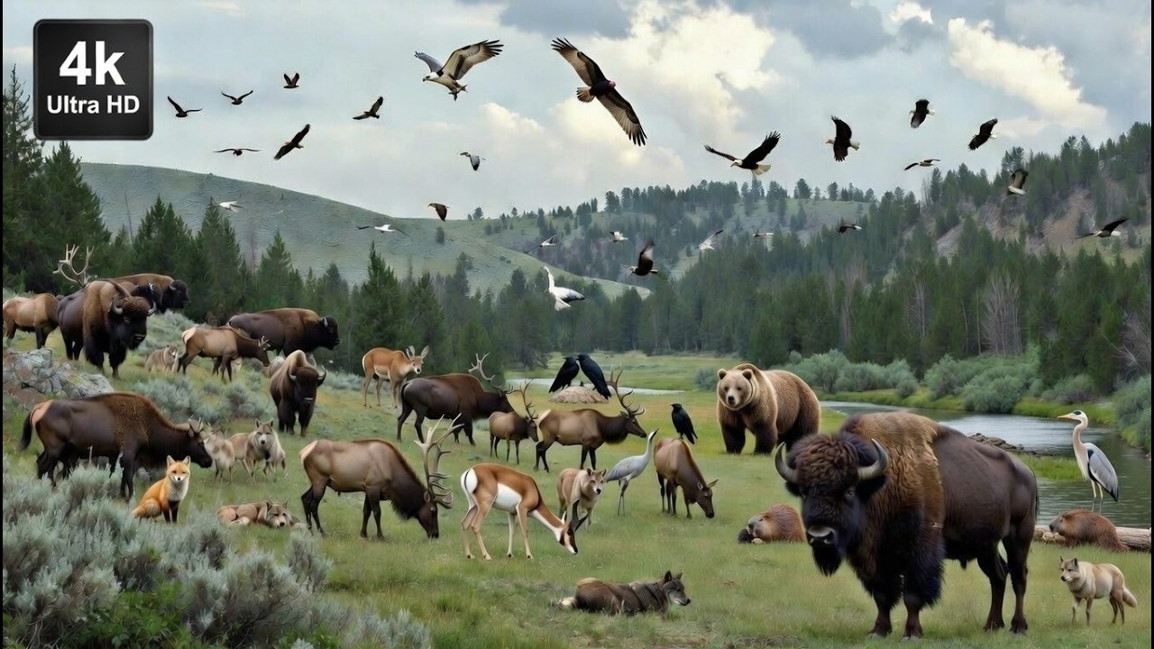 Relax in the Yellowstone National Park: Bison, Wapiti, Grizzly Bear, Gray Wolf (Cute Moments)