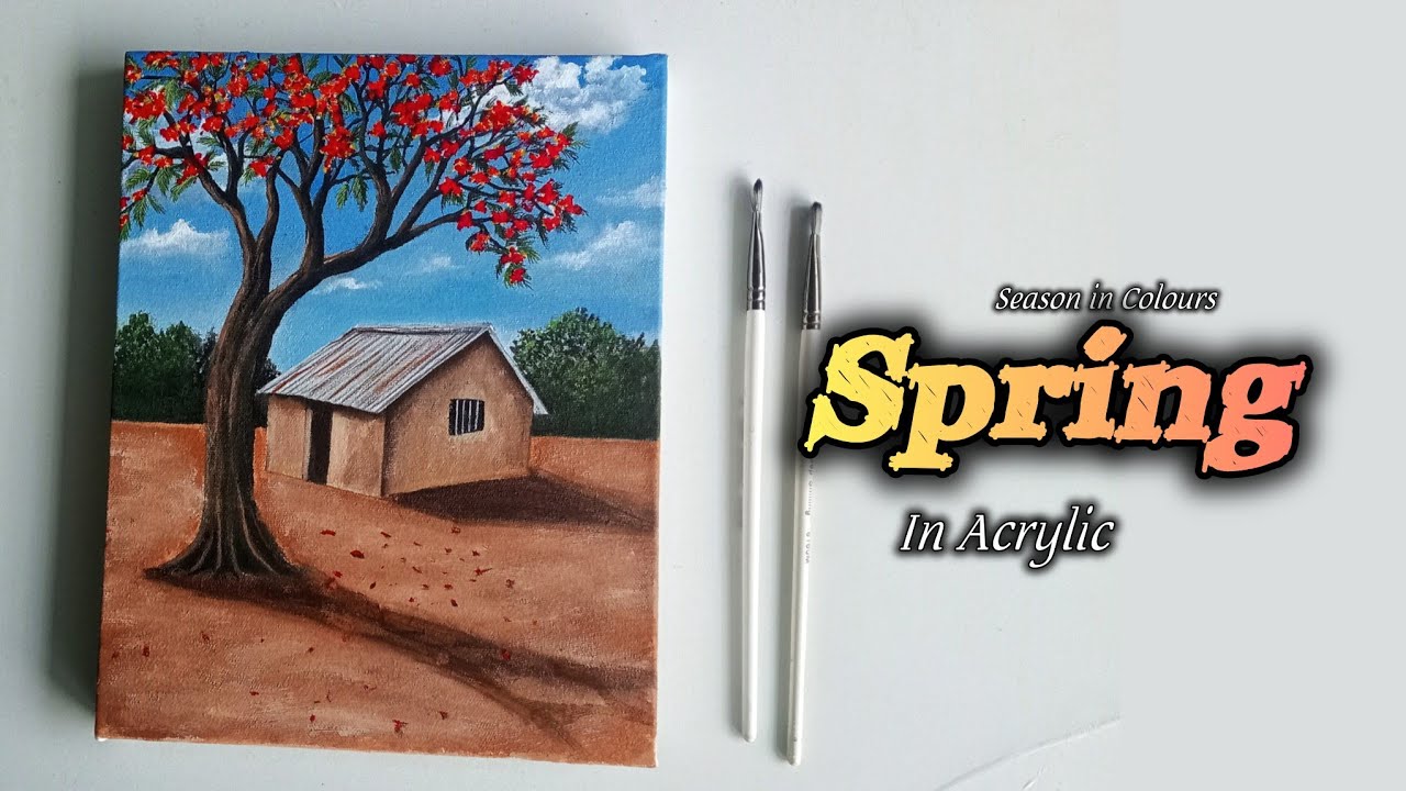 Easy Spring Landscape Acrylic for Beginners | Krishnachura Tree Painting Tutorial