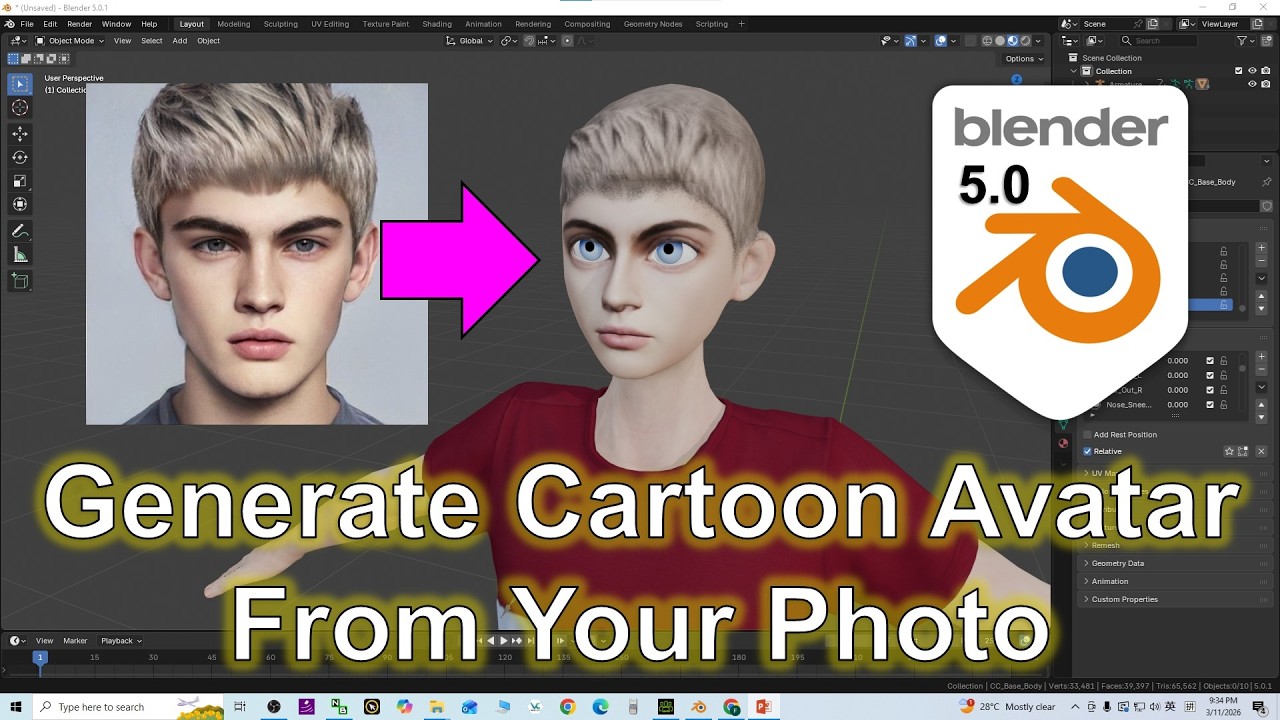 Создайте мультяшного 3D-аватара в Blender 5.0 из вашей фотографии (CC5 Headshot 2)