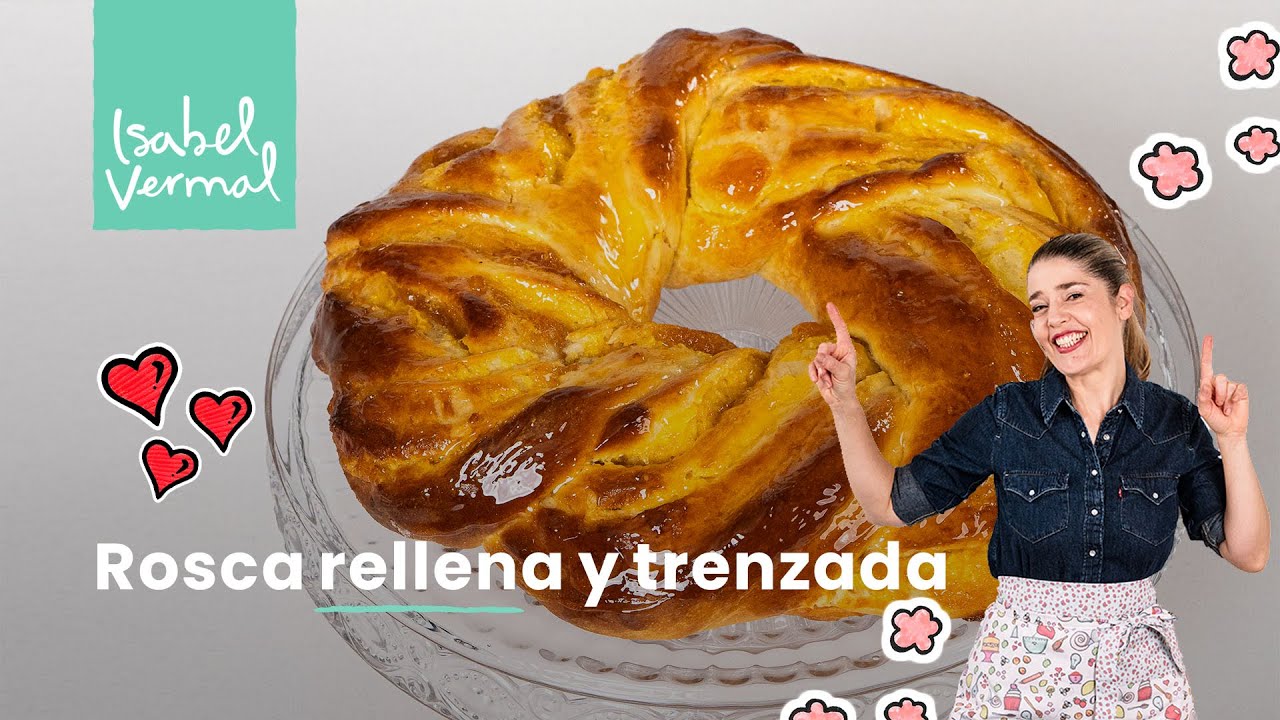 Roscar trenzada y rellena con crema pastelera y membrillo
