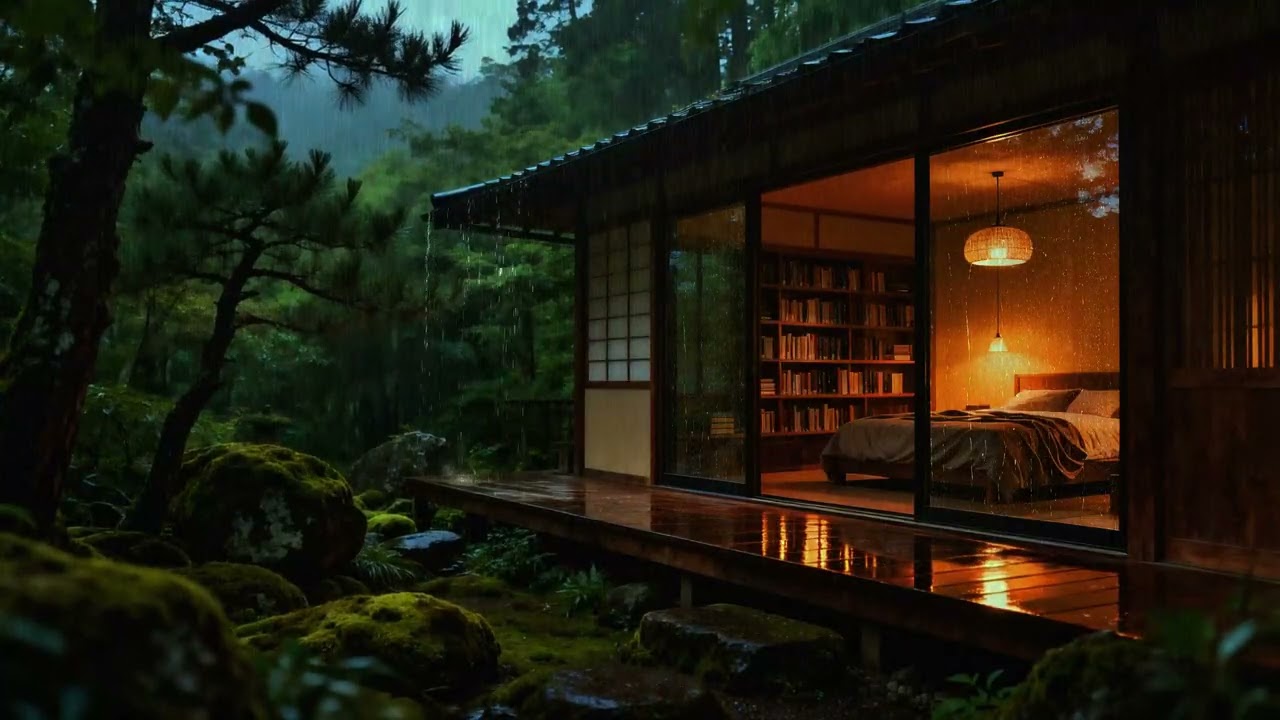 Forest Rain in Cozy Japanese Cabin 🌧️ Warm Night Room for Deep Sleep | No Thunder