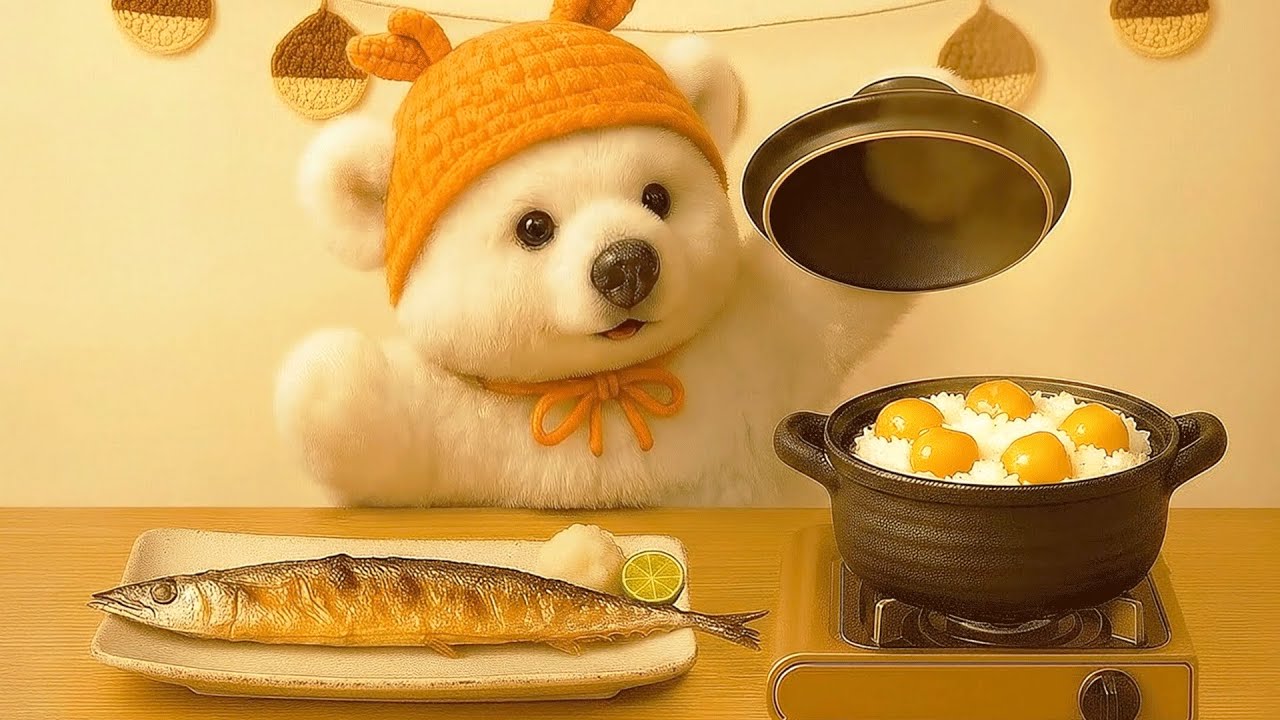 A polar bear makes kuri gohan (chestnut rice) and salted grilled saury.