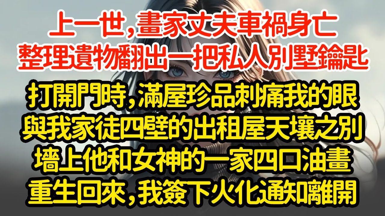 上一世，畫家丈夫車禍身亡，整理遺物翻出一把私人別墅鑰匙，打開門時，滿屋珍品刺痛我的眼與我家徒四壁的出租屋天壤之別墻上他和女神的一家四口油畫重生回來，我簽下火化通知離開