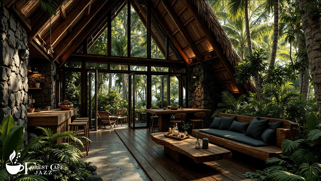 Relaxing Jazz in The Forest | Gentle Jazz Music In Wooden Coffee Shop Ambience for Relaxing