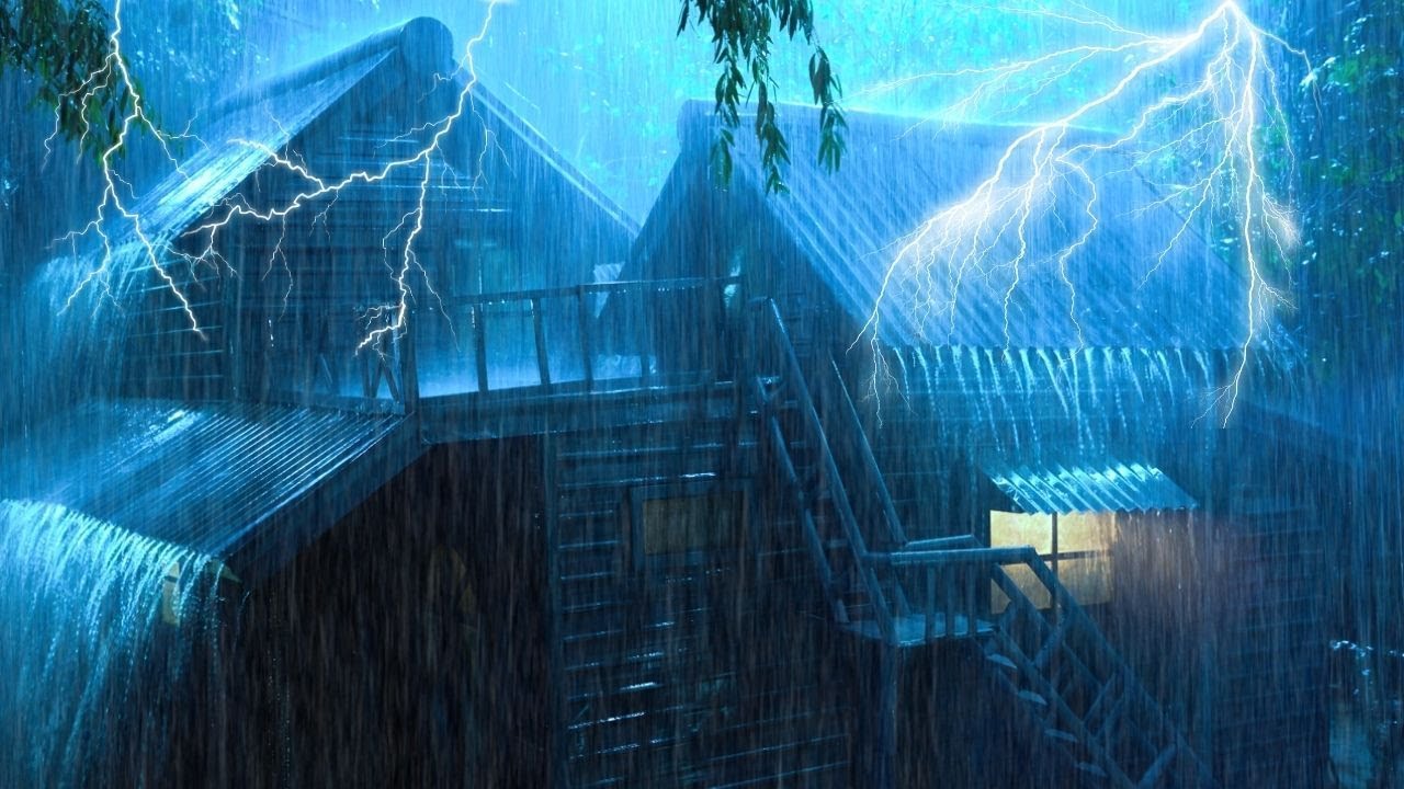Goodbye Stress to Sleep Soundly with Mighty Tropical Storm, Rain Sounds, Strong Wind & Thunder Sound