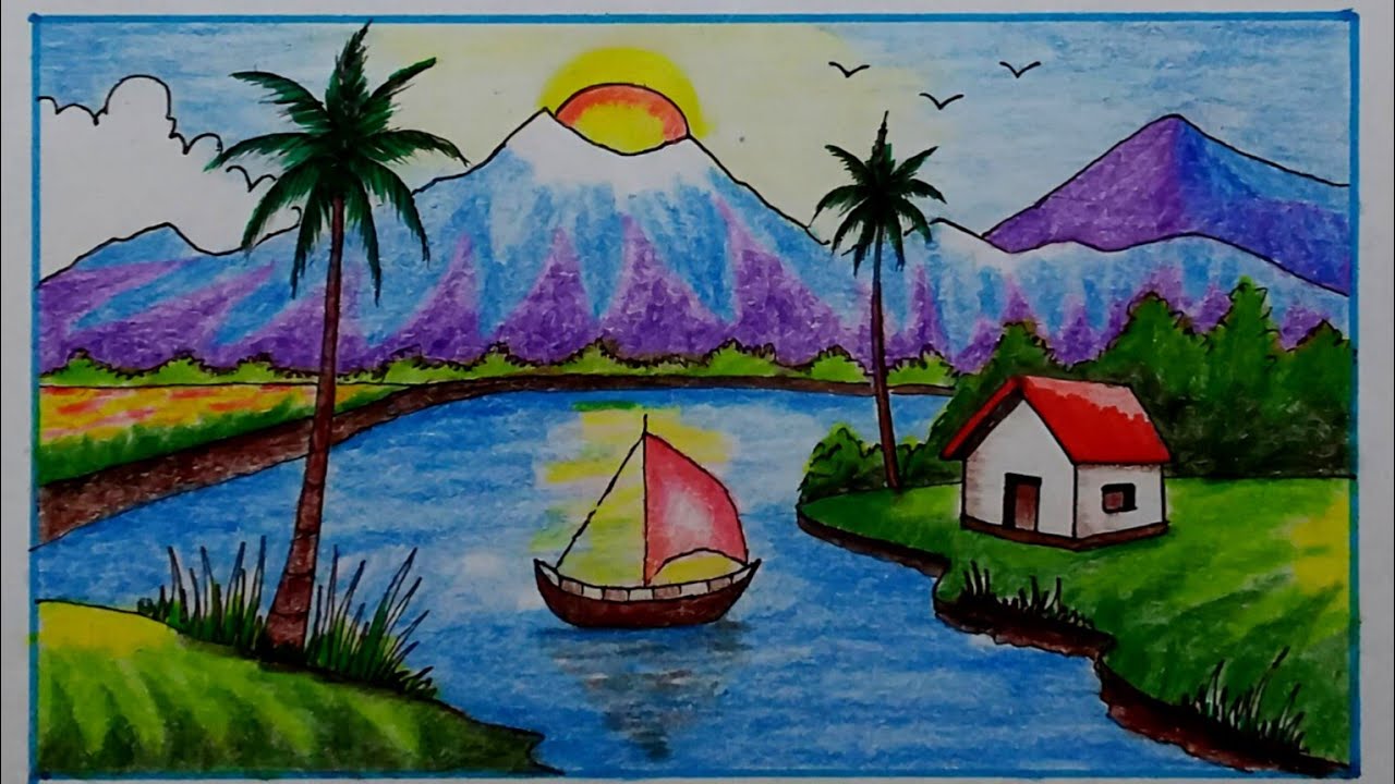 How To Draw a Beautiful Mountain's Scenery Inside a River and Beautiful Village, 