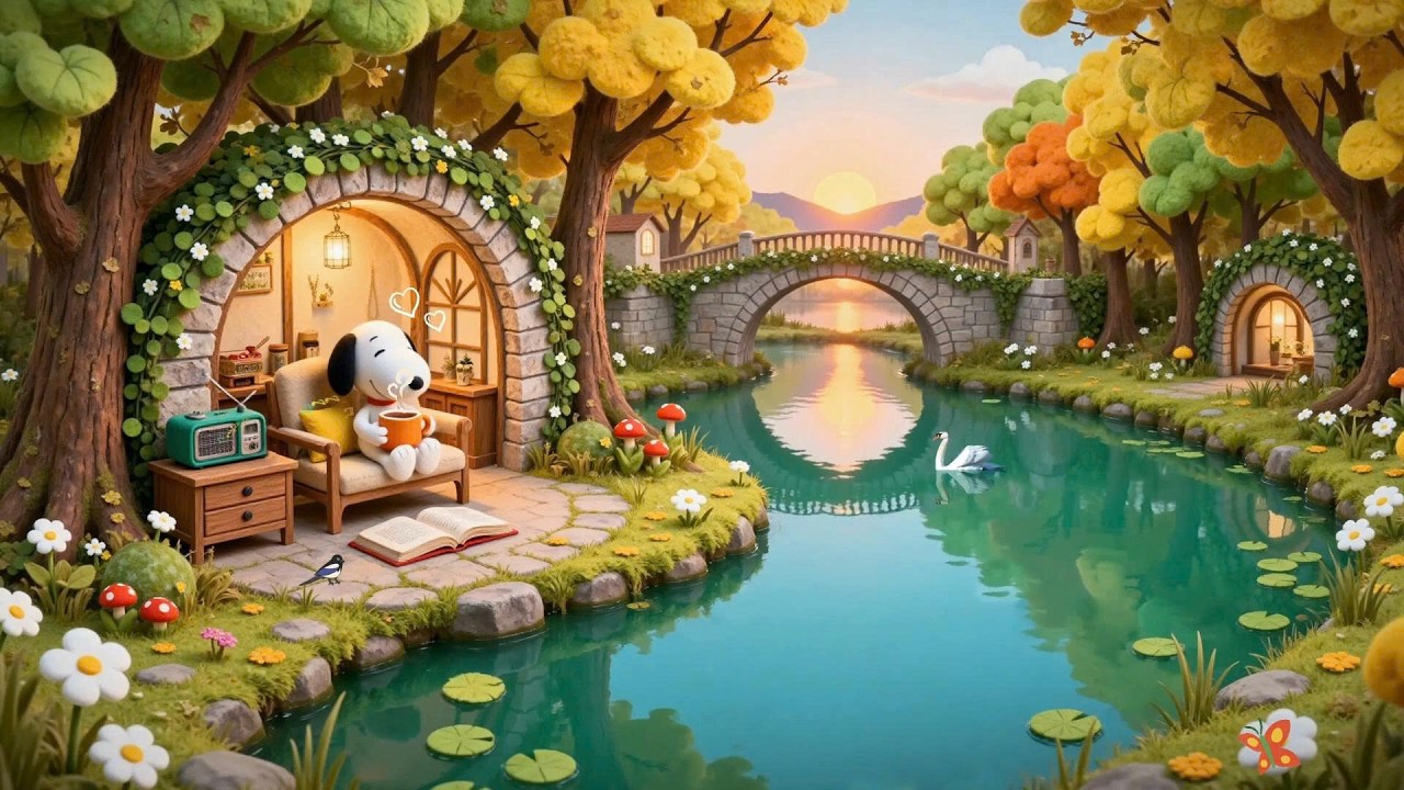 Snoopy’s Gentle Sunset Afternoon at the Lakeside Café ☕ Chill Hip Hop to Relax & Heal