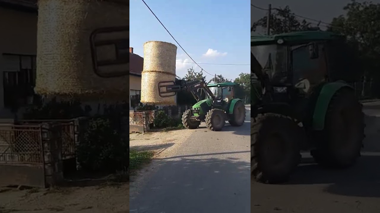Deutz Fahr 5120C in Action: Hauling Two Straw Bales with Front Loader