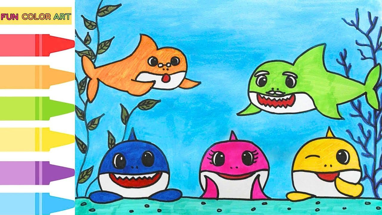 Как нарисовать семью детенышей акул легко | Песня маленькой акулы