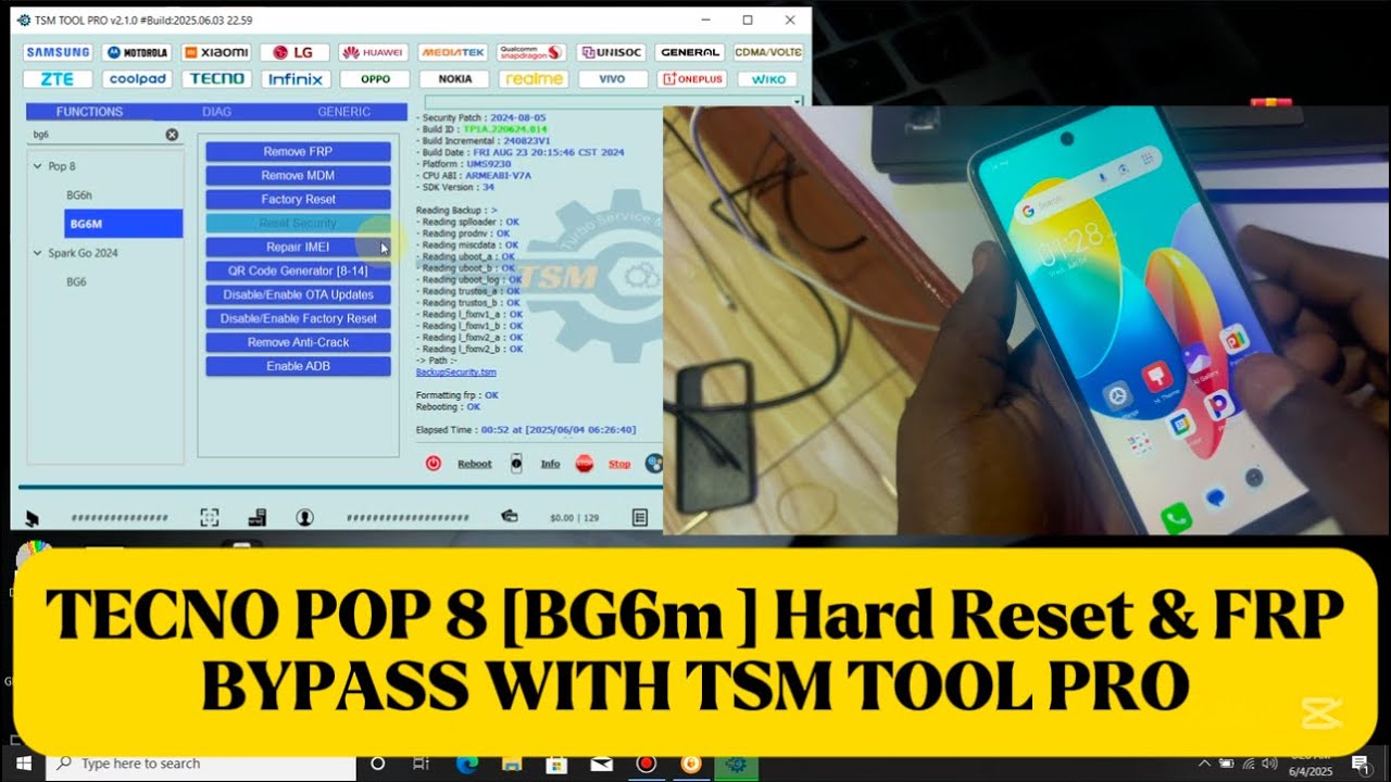 TECNO POP 8 [ BG6m ] Hard Reset & FRP BYPASS WITH TSM TOOL PRO. Android 14 FRP bypass tool. #triple