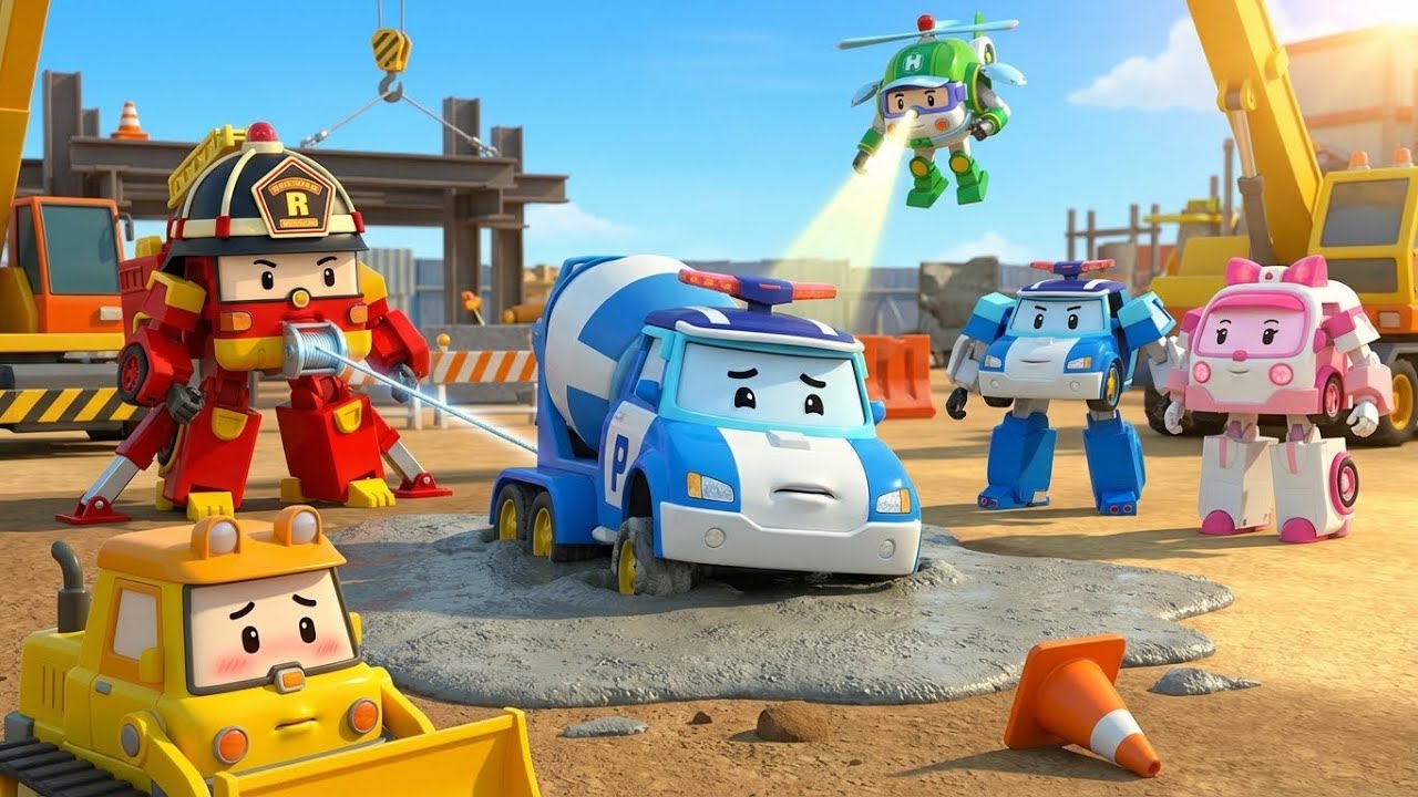 🚧 Construction Site Rescue! 🚜 Safety Cones & Thick Concrete! | Robocar Poli STEM & Safety for Kids