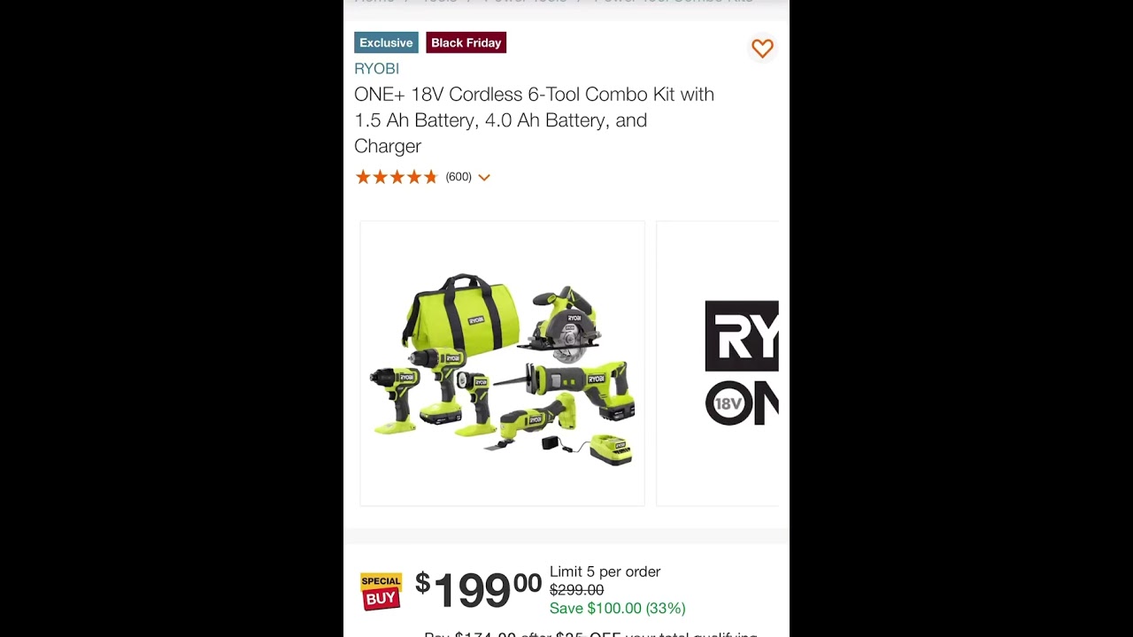 33 % off ONE+ 18V Cordless 6-Tool Combo Kit with 1.5 Ah Battery, 4.0 Ah Battery, and Charger