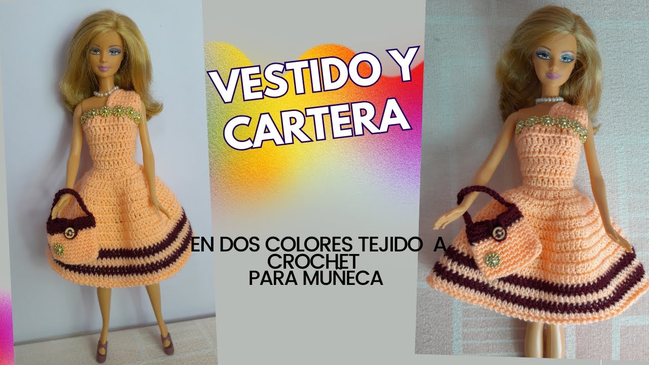 Vestido y Cartera Salmon/Vino tinto Tejidos a Crochet para Muñeca.