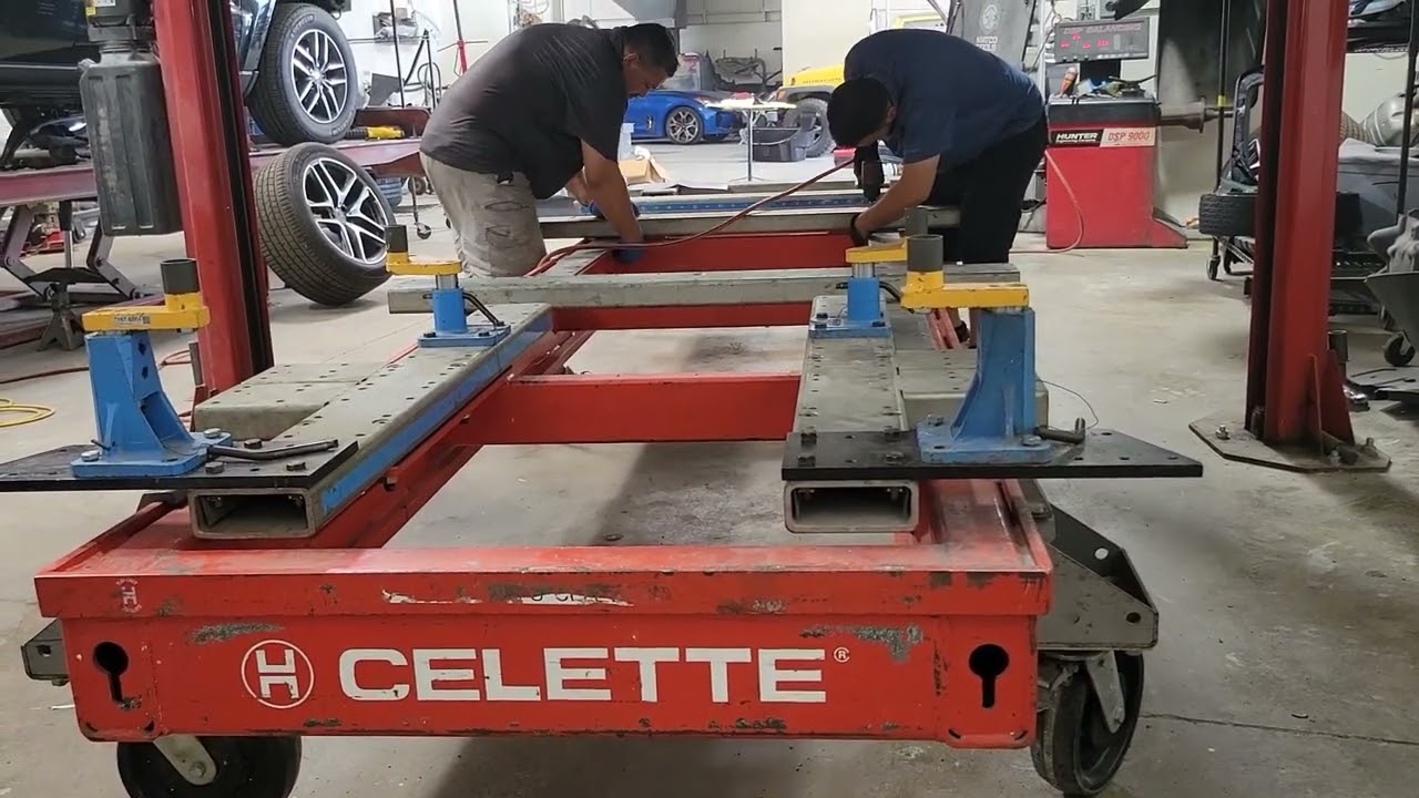 2023 Mercedes Benz GLE AWD HYBRID gets mounted and measured on the Celette Sevenne Bench.