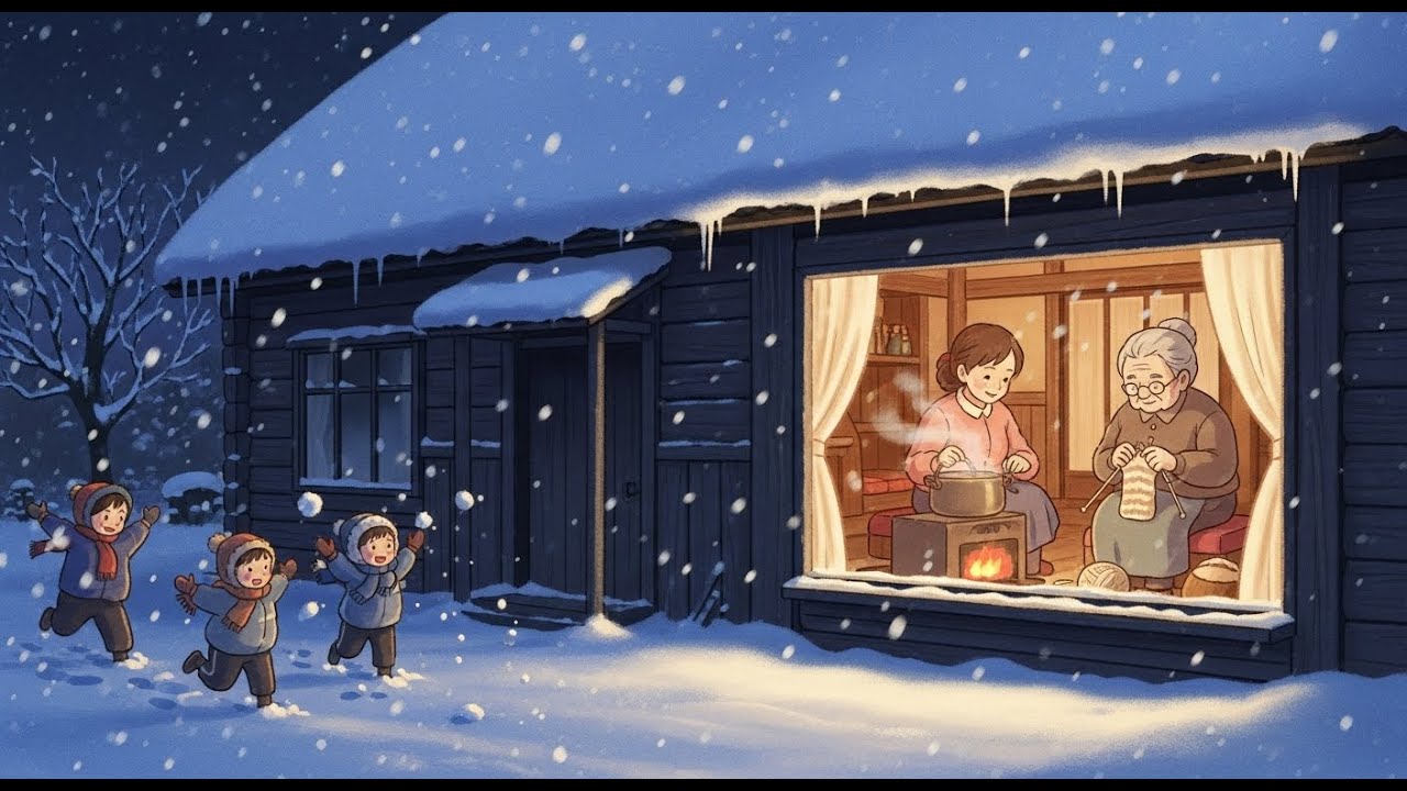 Snow Falling Outside the Wooden House | A Night of Silence and Warm Soup | Ghibli-Style Video