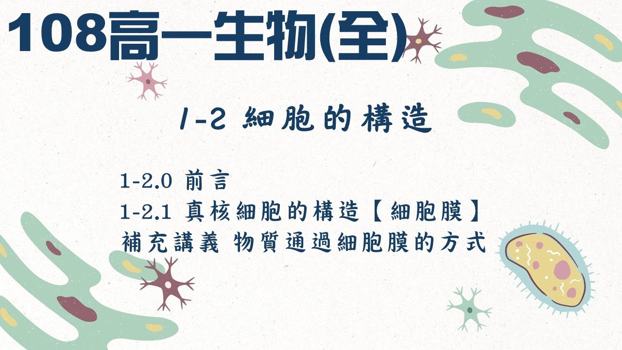 108高一生物(全)_1-2.0前言+1-2.1真核細胞的構造【細胞膜】+補充講義(國中複習)物質通過細胞膜的方式