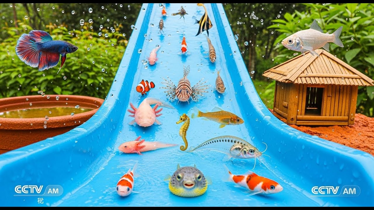 🐠 “Tiny Exotic Fish Sliding Down Sky-Blue Waterslide | Ultra-Realistic Morning Fun!”