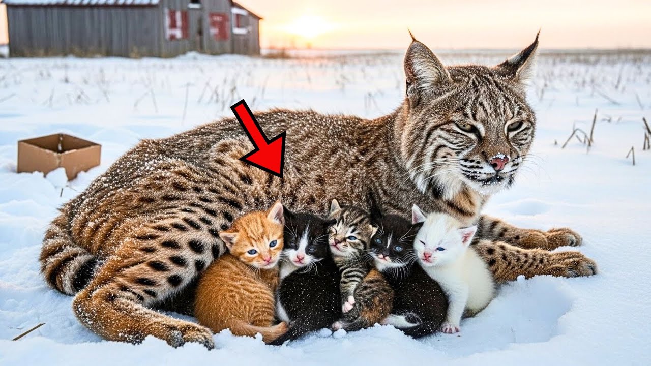 Starving Pregnant Bobcat Shields 6 Frozen Kittens in Blizzard All Night–Dawn Discovery BROKE Farmer!