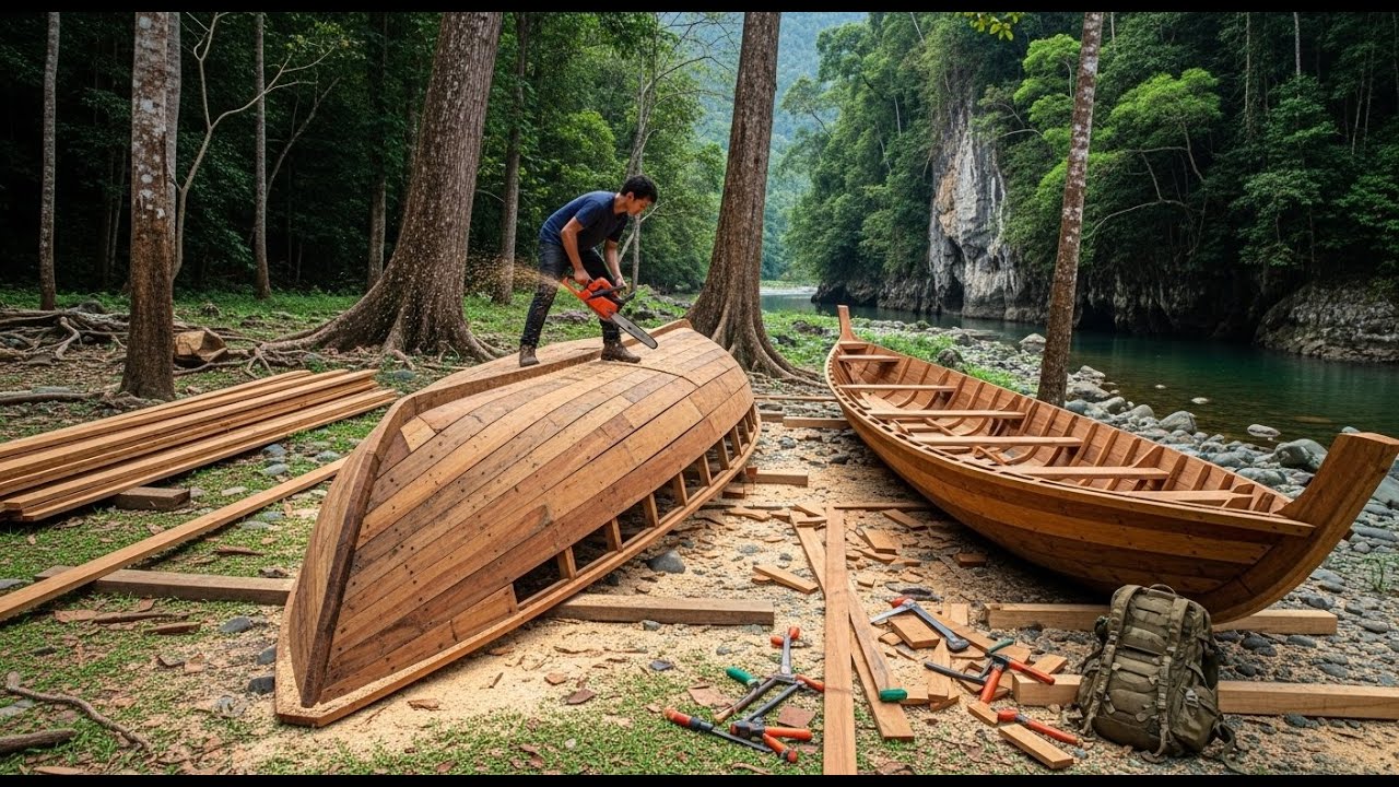 45 Days of Survival in the Rainforest - Building a Wooden Boat from Start to Finish