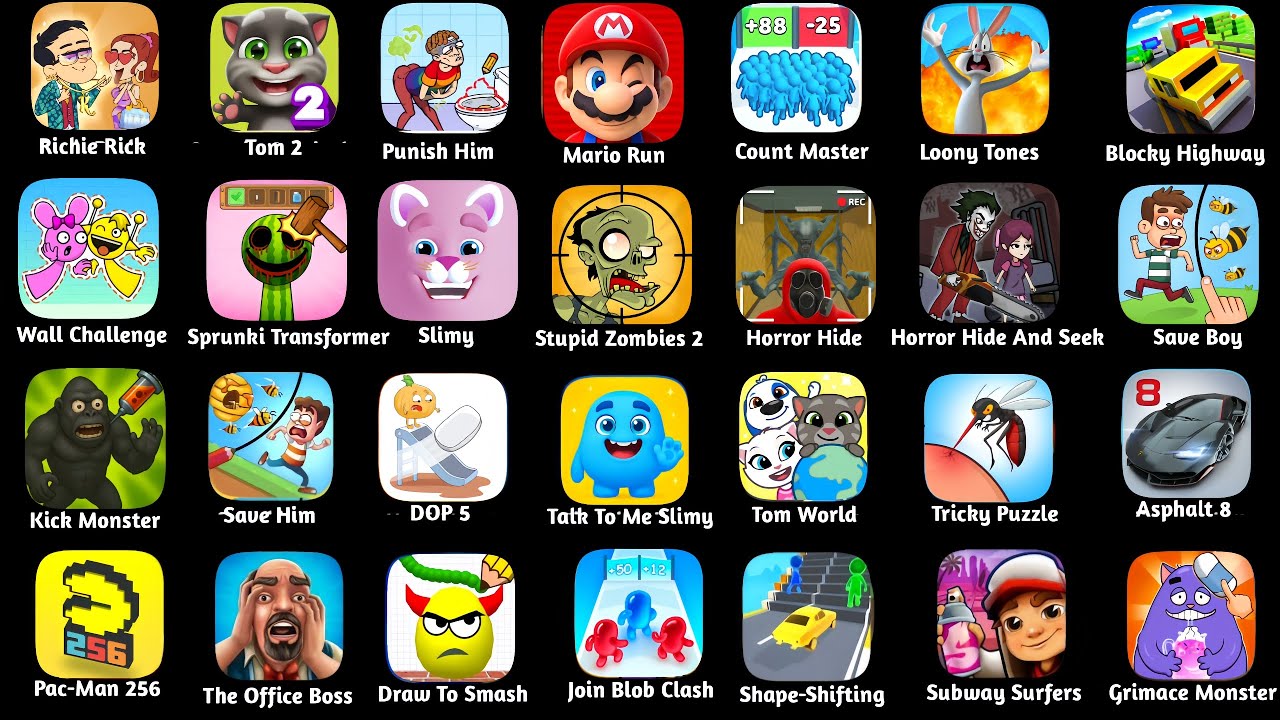 Draw To Smash,Punish Him,Tom 2,Mario Run,Horror Hide,Save Him,DOP 5,Pac-Man,Grimace Monster,TomWorld
